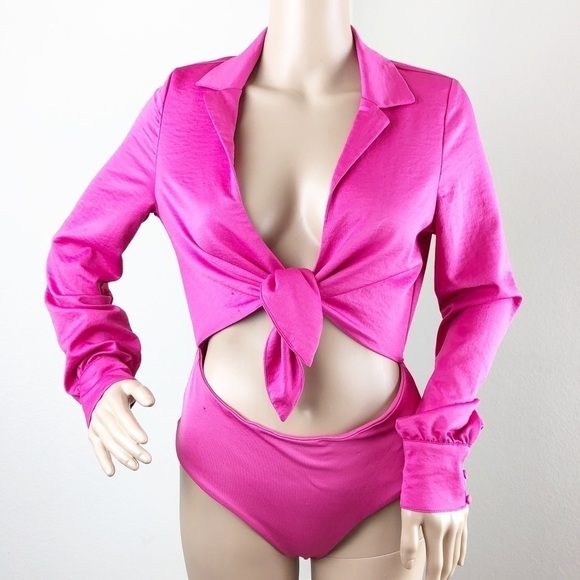 Forever 21 magenta front tie cut out bodysuit - Picture 1 of 10